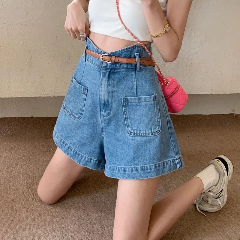 

2024 Women Summer New Fashion High Waist Denim Shorts Female Solid Color Pocket Shorts Ladies Loose Wide Leg Short Jeans L80