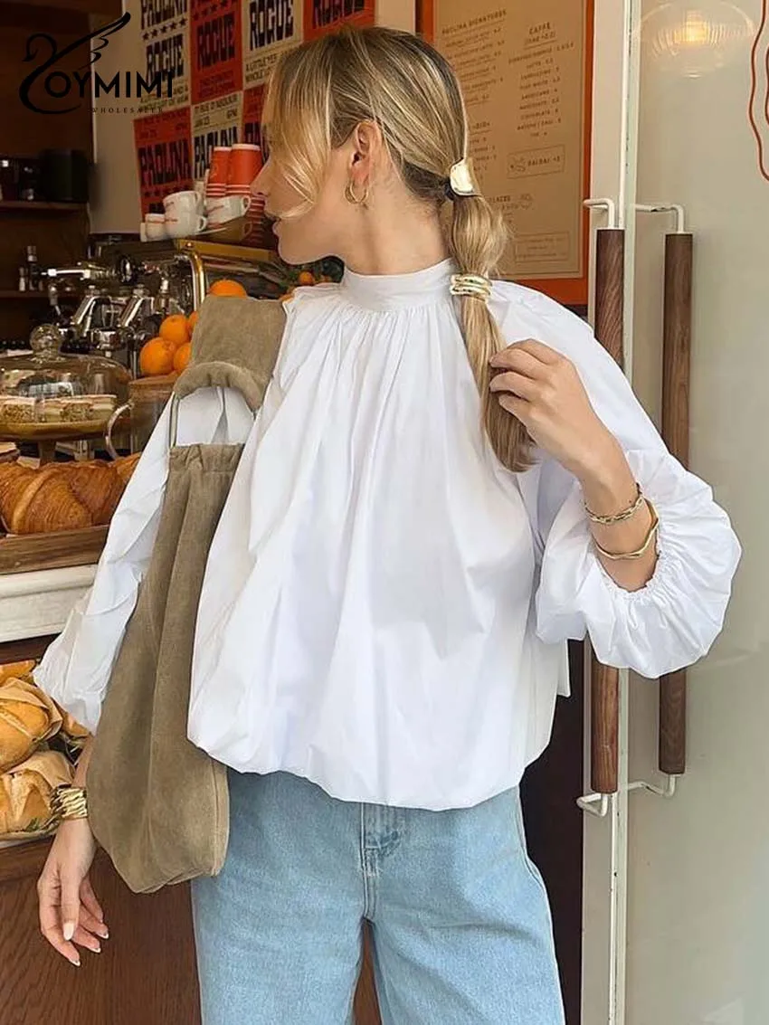 Oymimi Casual White O-Neck Women's Shirt Fashion Three Quarter Sleeve Loose Lace-Up Shirts Elegant Open Back Cotton Shirt Female