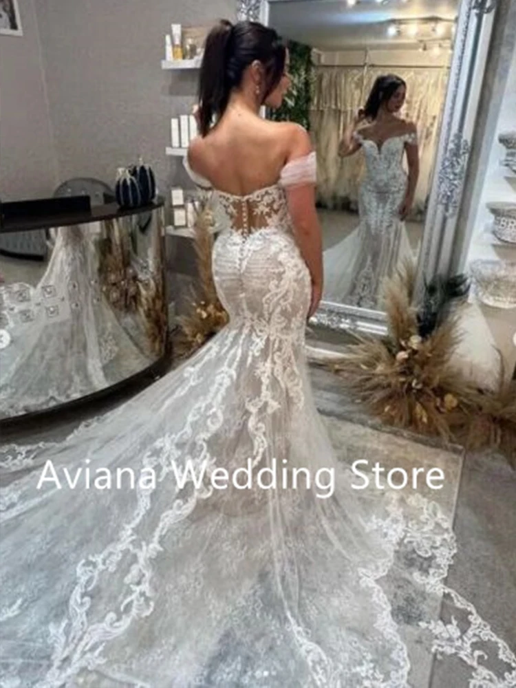 Vestido de Novia de sirena con Apliques de Encaje, Sexy, personalizado, con hombros descubiertos, escote en forma de corazón, cola de corte, Vestido de Novia Boda 2025