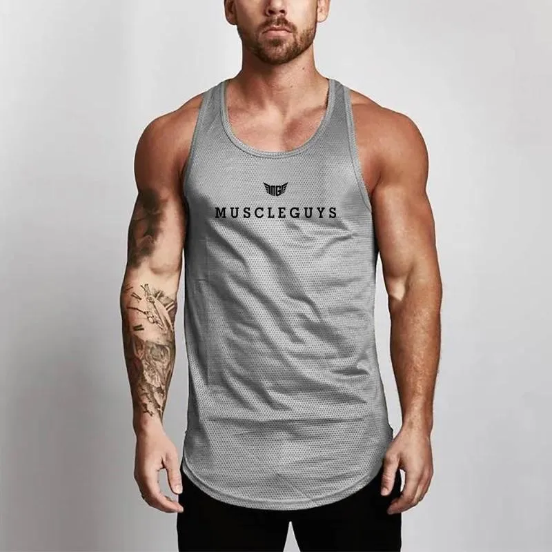

Summer Mesh Quick Dry O-neck Printed Mens Slim Fit Workout Gym Sports Bodybuilding Fitness Sleeveless Shirt