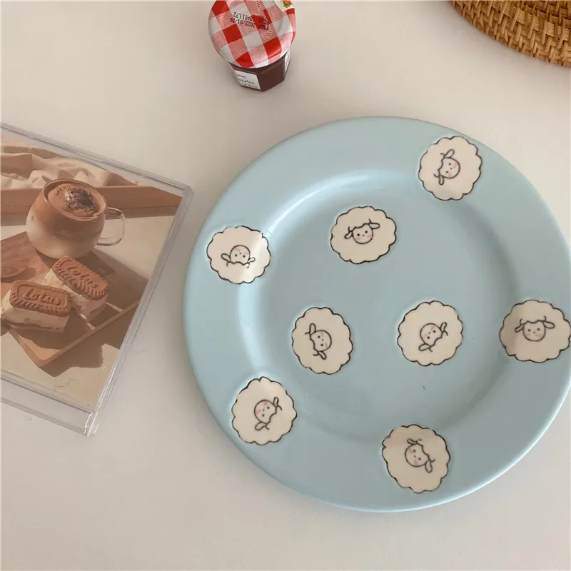 Cute Cartoon Plate Blue Lamb Ceramic Bowl Dessert Bowl Girl Heart High Beauty Salad Bowl Household Ceramic Plate Set Tableware