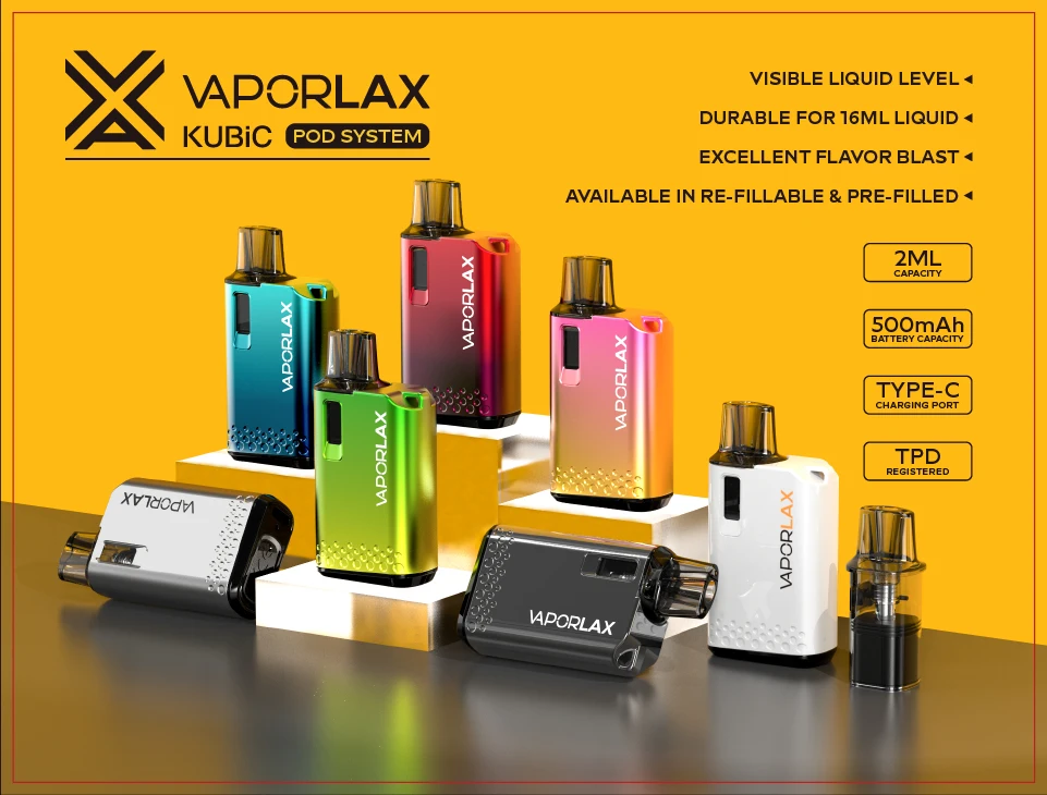 VaporLax Kubic Pod Mod System Kit Electronic E Cigarette 500mAh Battery 2.0ml 0.8ohm Mesh Coil Cartridge Vaper Atomizer Vape