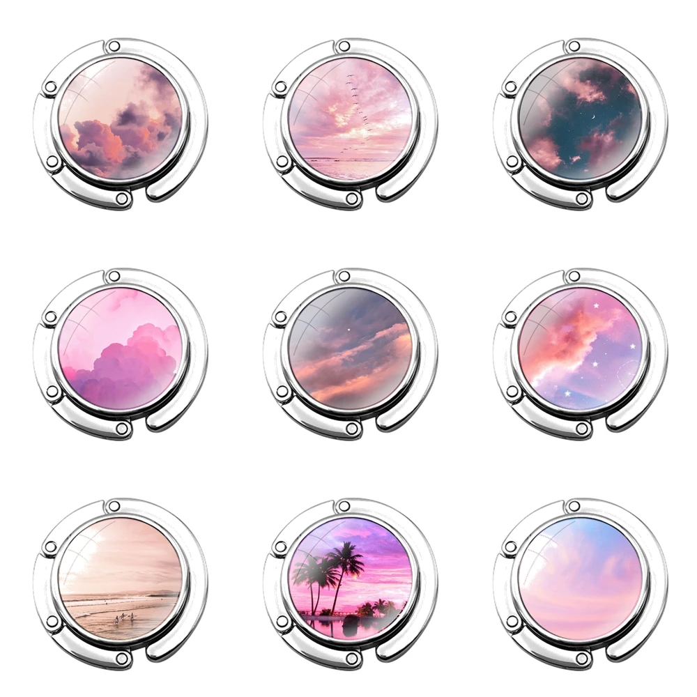 Pink cute kawaii sky space Sunset Cloud Art Foldable Purse Hook for Women's Table Handbag Storage Folding Decor Table Hook