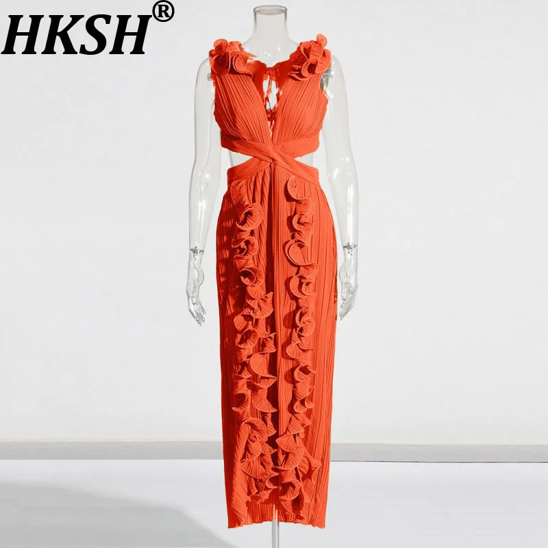 

HKSH Новое женское платье с v-образным вырезом без рукавов и оборками, плиссированное с разрезом, однотонное, с завязкой на талии, сексуальные элегантные стильные платья HK9037