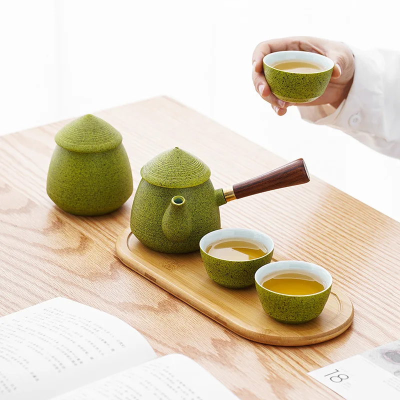 Ceramic Side Handle Teapot Travel Tea Set Black Ceramic Japanese Style Outdoor Portable Tea Tray Bag Factory Direct Sale Customi