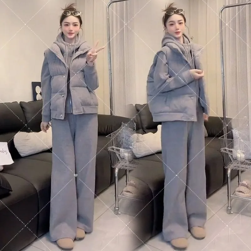 

A High-end Casual Three-piece Set Women's Winter Featuring Fleece Hooded Jacket Vest Fleece Wide-leg Pants Fashion Womenswear