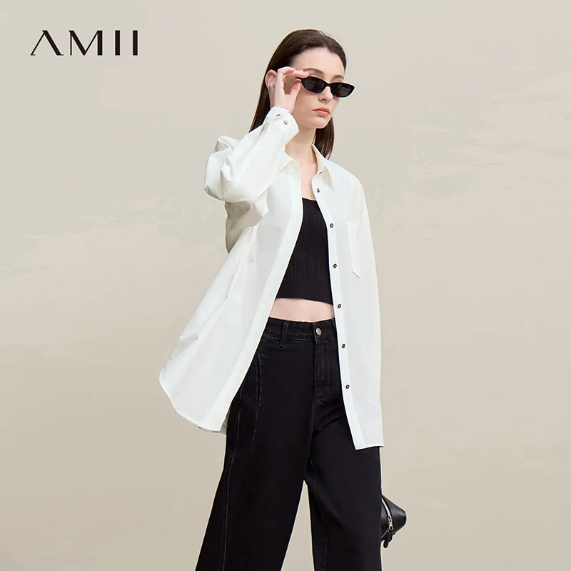 Amii camisa feminina 2026 primavera nova lapela camisa de manga longa volta colarinho fenda branco versátil solto blusa casual para mulher 12641099