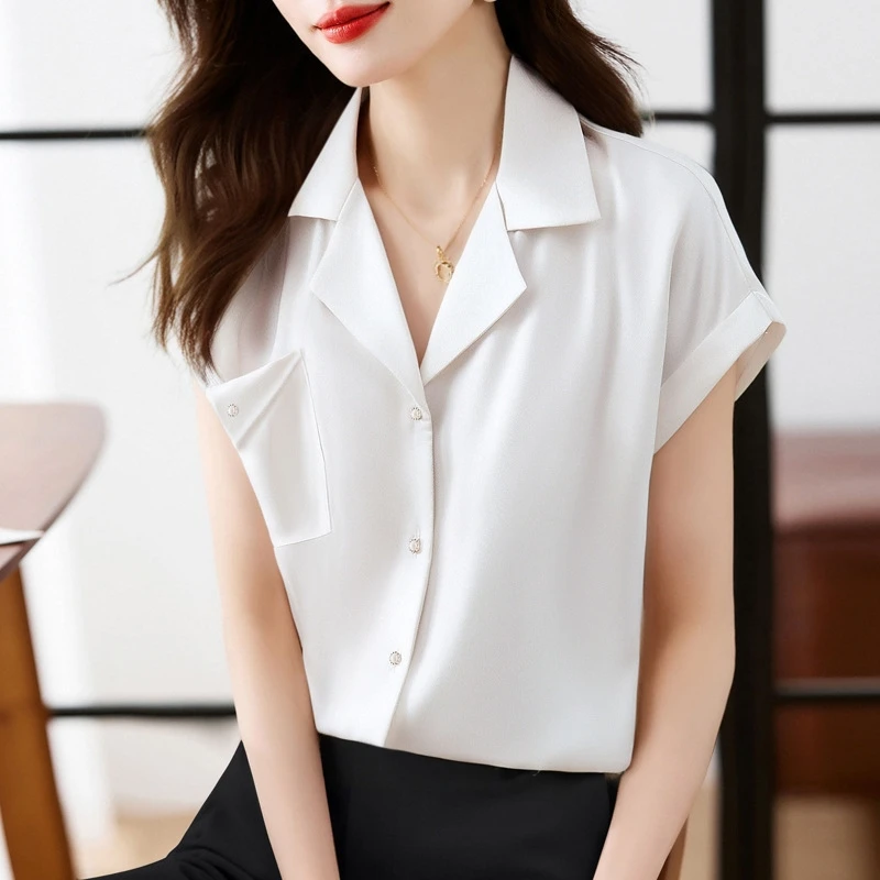 

Womens Slim Fit Satin Blouse Short Sleeve Turn Down Collar Solid Color Casual Shirt Tops For Daily Wear Fashion Trendy