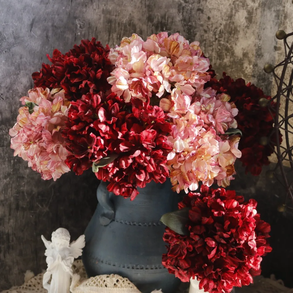 

French Retro Burnt-Edge Hydrangea Artificial Flower Bouquet Oil Painting Style Flowers Decoration for Home Wedding Decoration