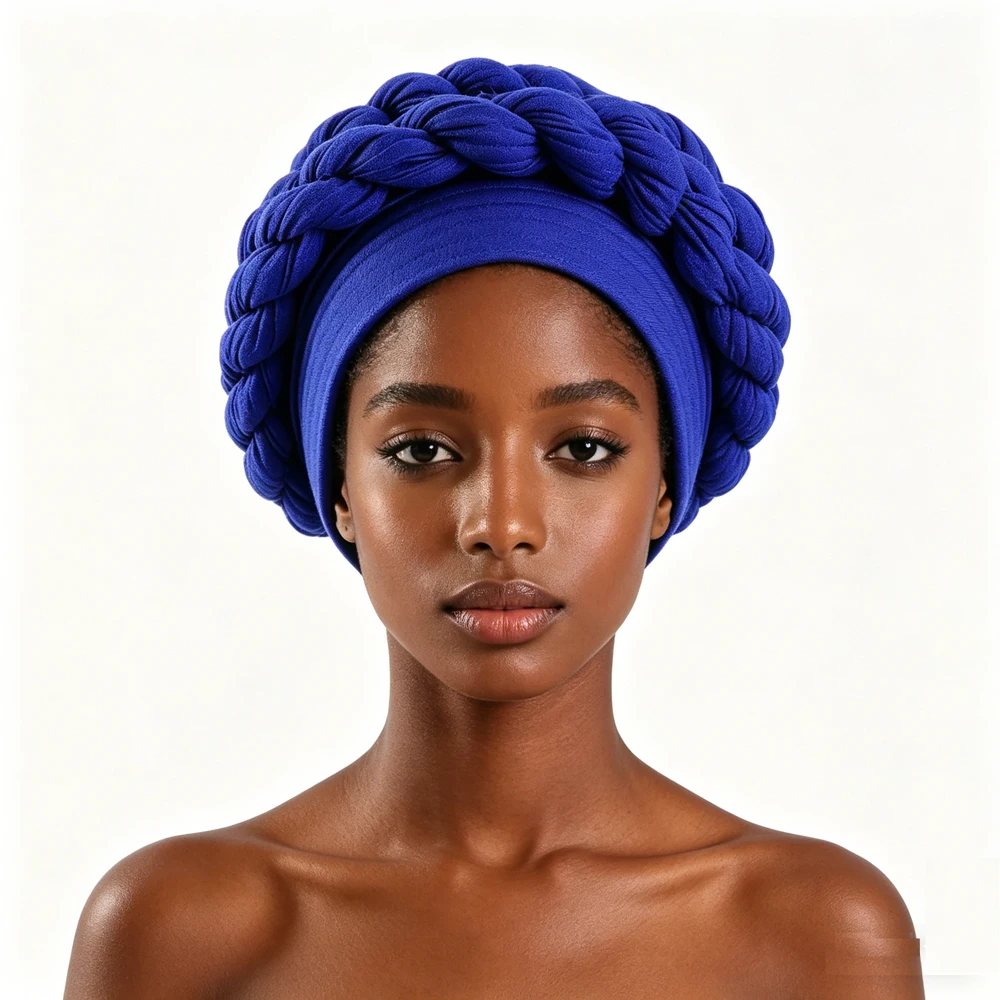 

African Double Braids Turban Caps for Women Rippled Muslim Headwear Braid Hat Islamic Female Head Wrap Bonnet Turbante Mujer