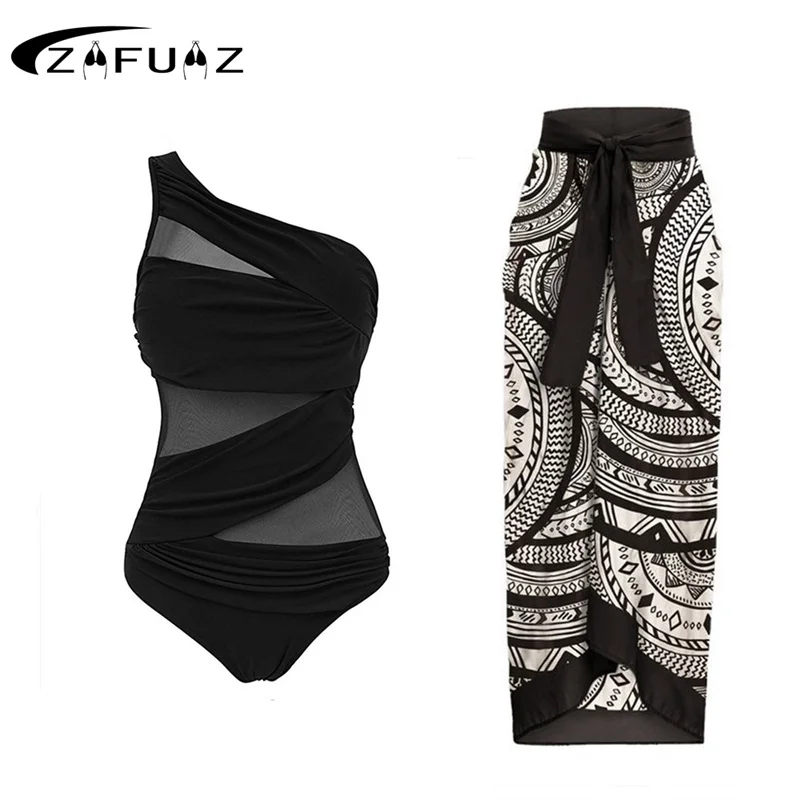 ZAFUAZ 2024 Sexy One Piece Shoulder Swimsuit Skirt Ruched Tummy Control Bikini Set Solid Swimwear Monokini Bath Suit Beach Dress