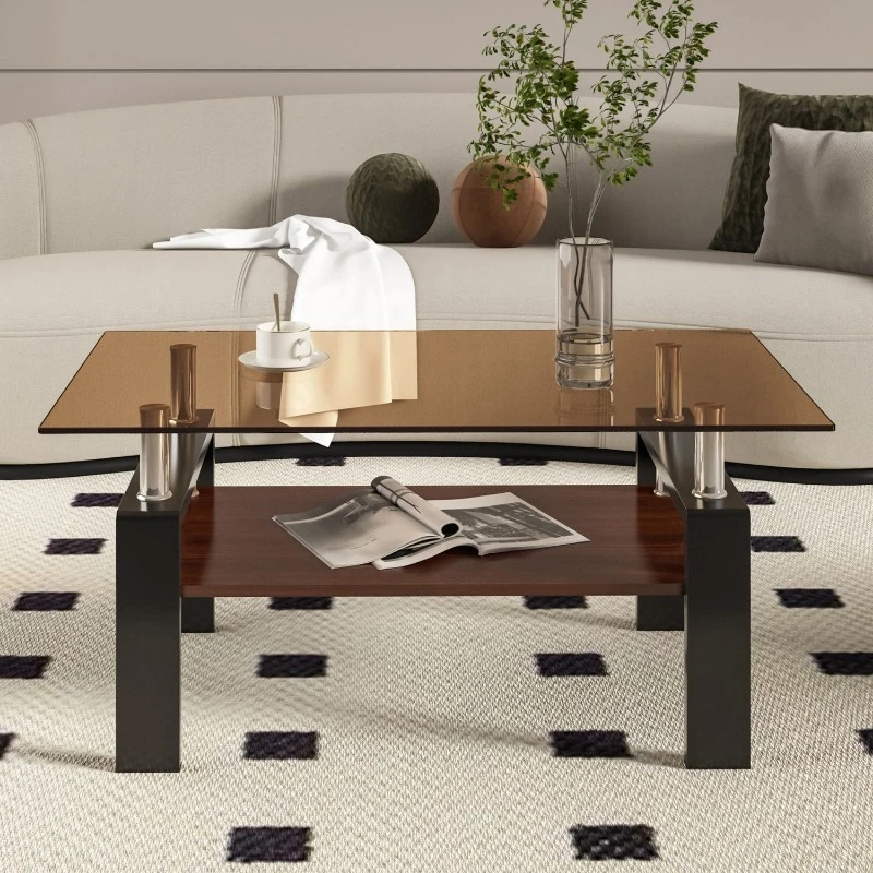 Living room coffee table Tempered glass top Modern rectangular coffee table