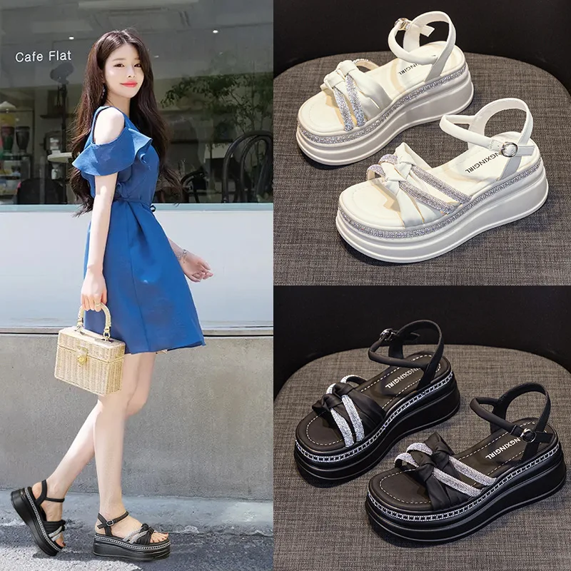 

2026 7.5cm Genuine Leather Rhinestone Summer Bling Slippers Luxury Platform Wedge Flats Leisure Sandals Elegance Women Shoes