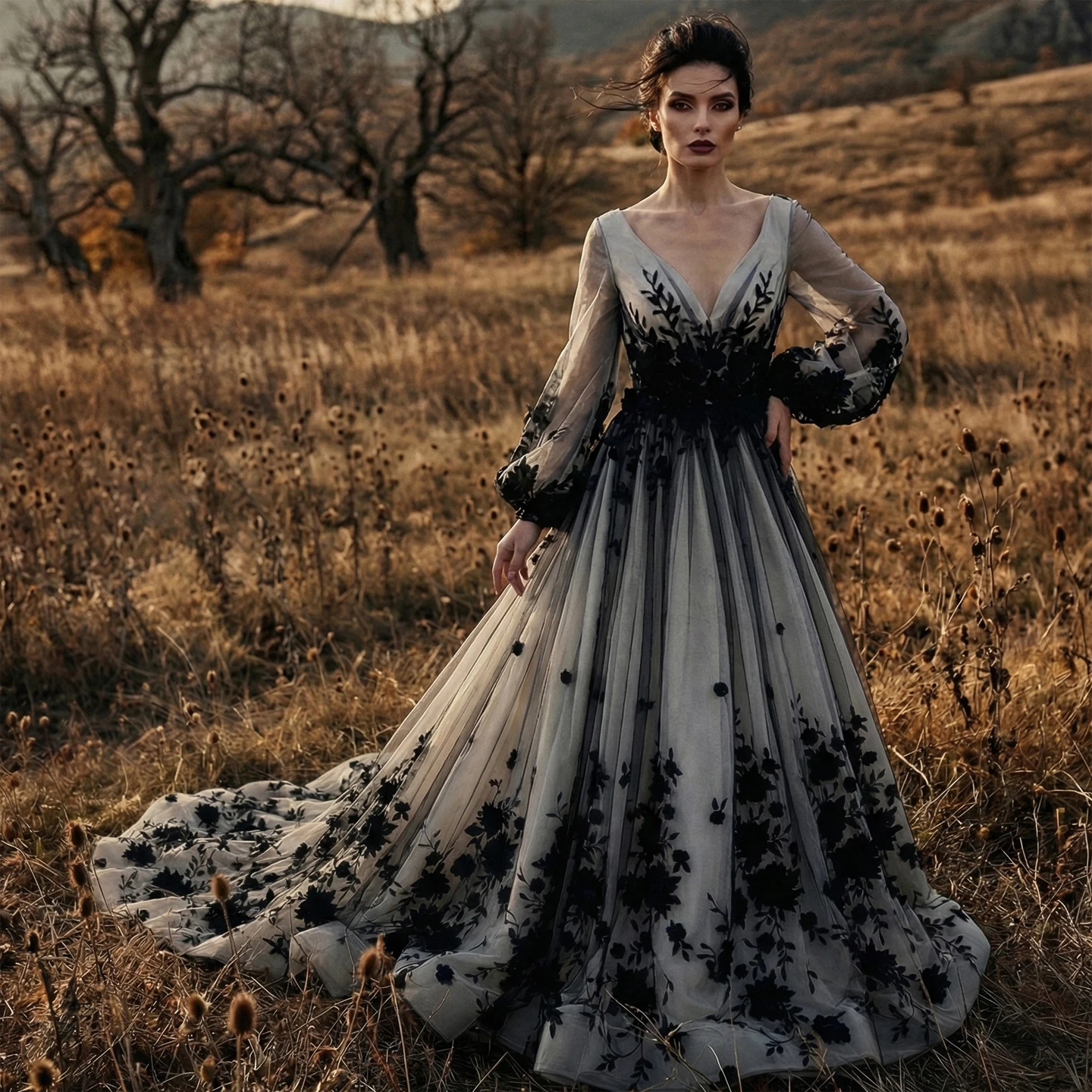 Sharon Said Gothic Black and White V-Neck Wedding Dress with Long Puff Sleeves Floral Embroidery Bridal Gowns SW550 Customized