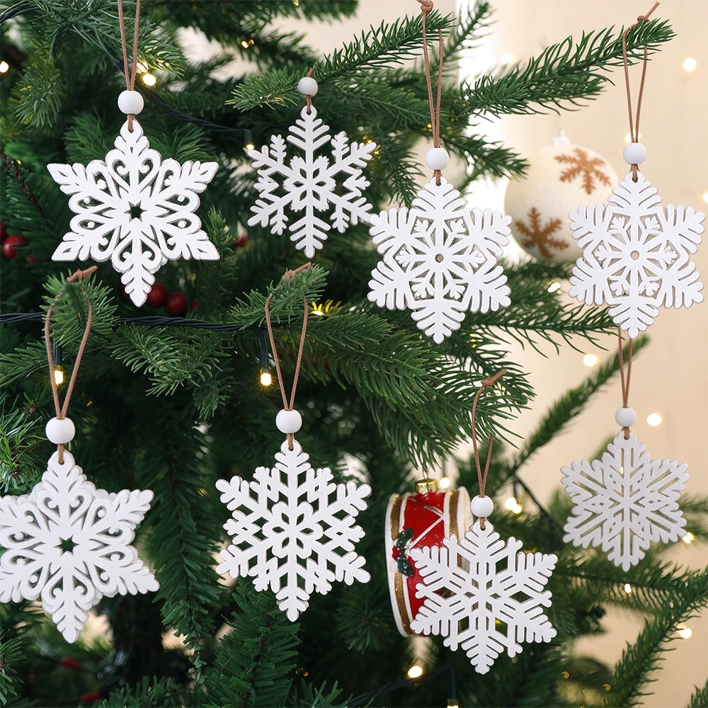 16Pcs Wooden Snowflake Christmas Ornaments Hollow Wood Snowflake Hanging Pendants Xmas Tree Home Wall Decorations Wooden Crafts
