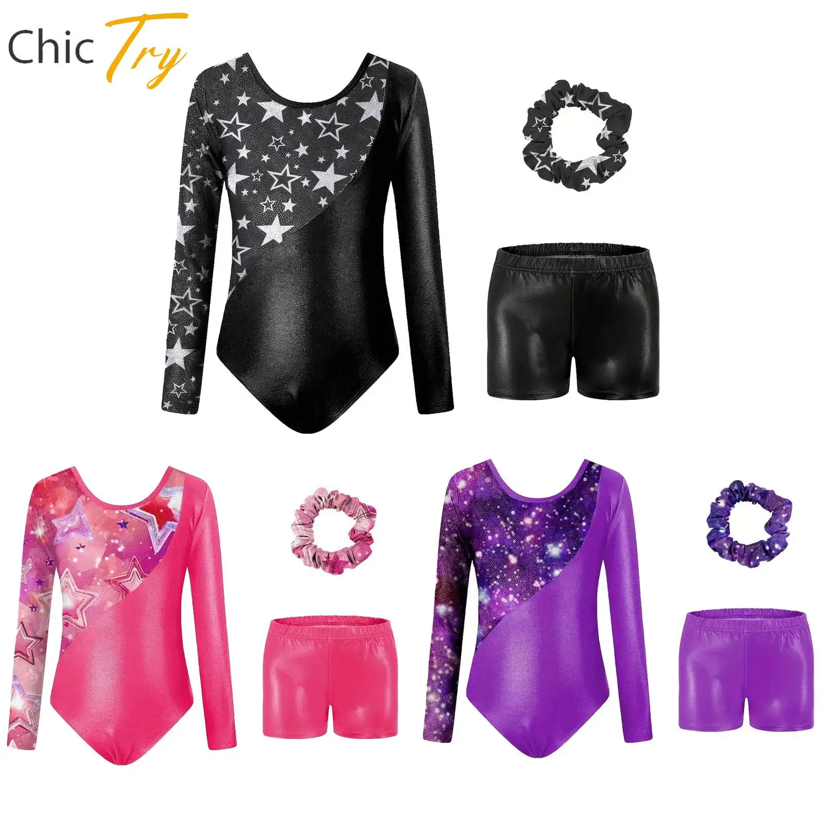 

Girls Star Printed Athletic Gymnastics Outfit Skating Ballet Dance Performance Clothes Long Sleeve Leotard+Shorts+Hair Band Sets