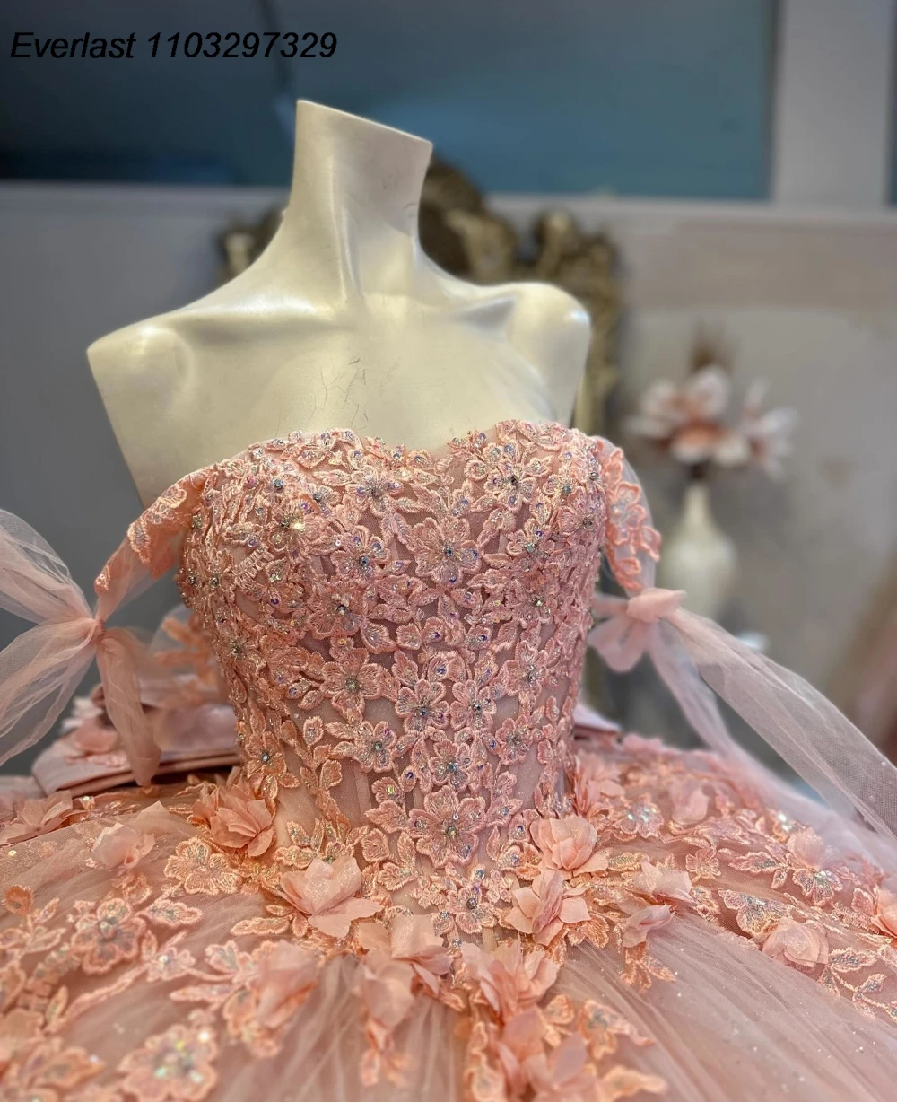 EVLAST-Vestido De Quinceañera De princesa rosa, Vestido De baile, apliques De encaje Floral, corsé De lazo con cuentas, dulce 16, 15 años, TQD985