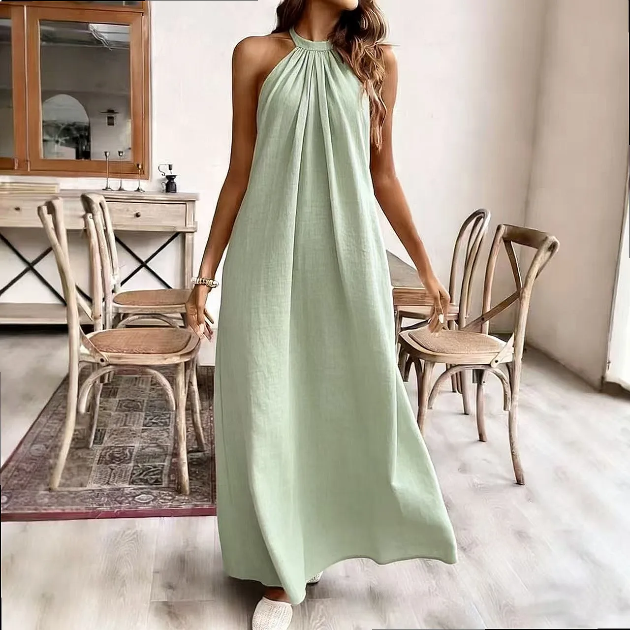 Solid Color Halter Neck Dress Summer Casual Loose Dresses for Vacation