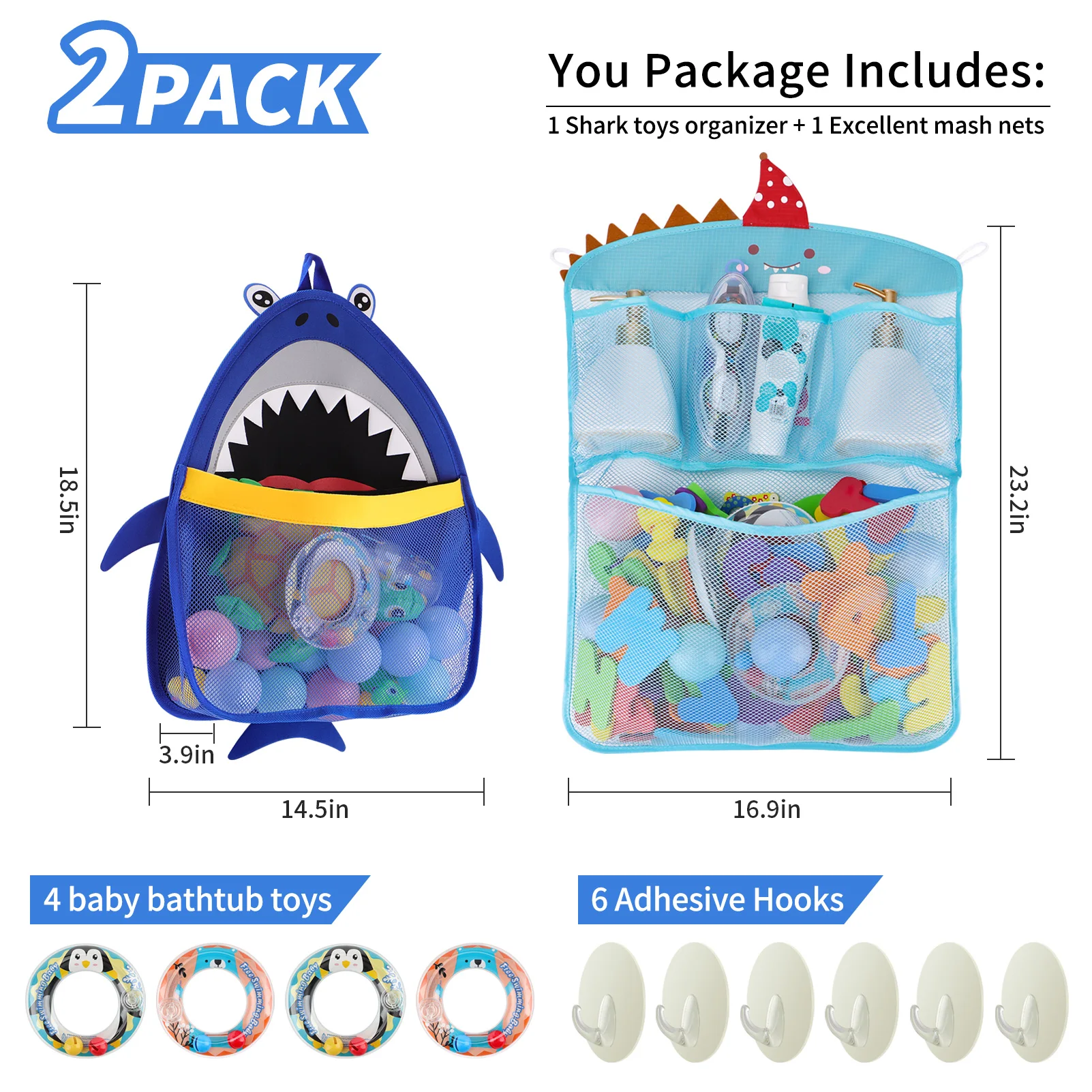 

Shark Bath Toy Organizer Set of 2 Quick Drying Mesh Net for Toddler Bathtub Games Holder