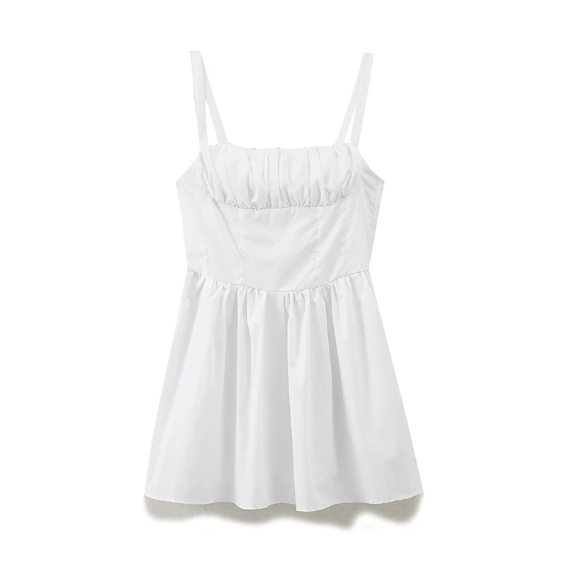 

YENKYE New Women Sexy Spaghetti Strap White Mini Dress Pleated Hem Back Zipper Female Summer Vestidos