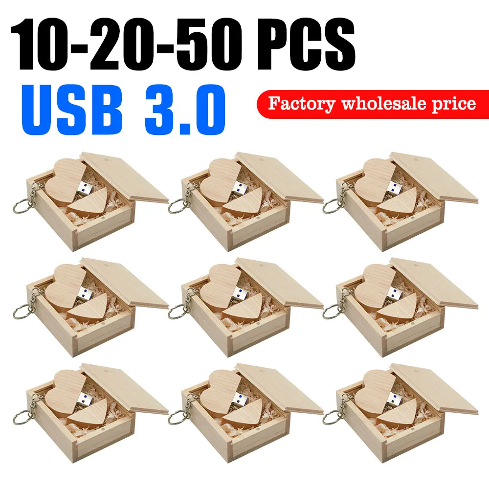 10pcs/lot Wooden Heart + BOX USB Flash Drive Pendrive 64GB 32GB 16GB 8GB 128GB 4GB U Disk Photography Wedding Gifts