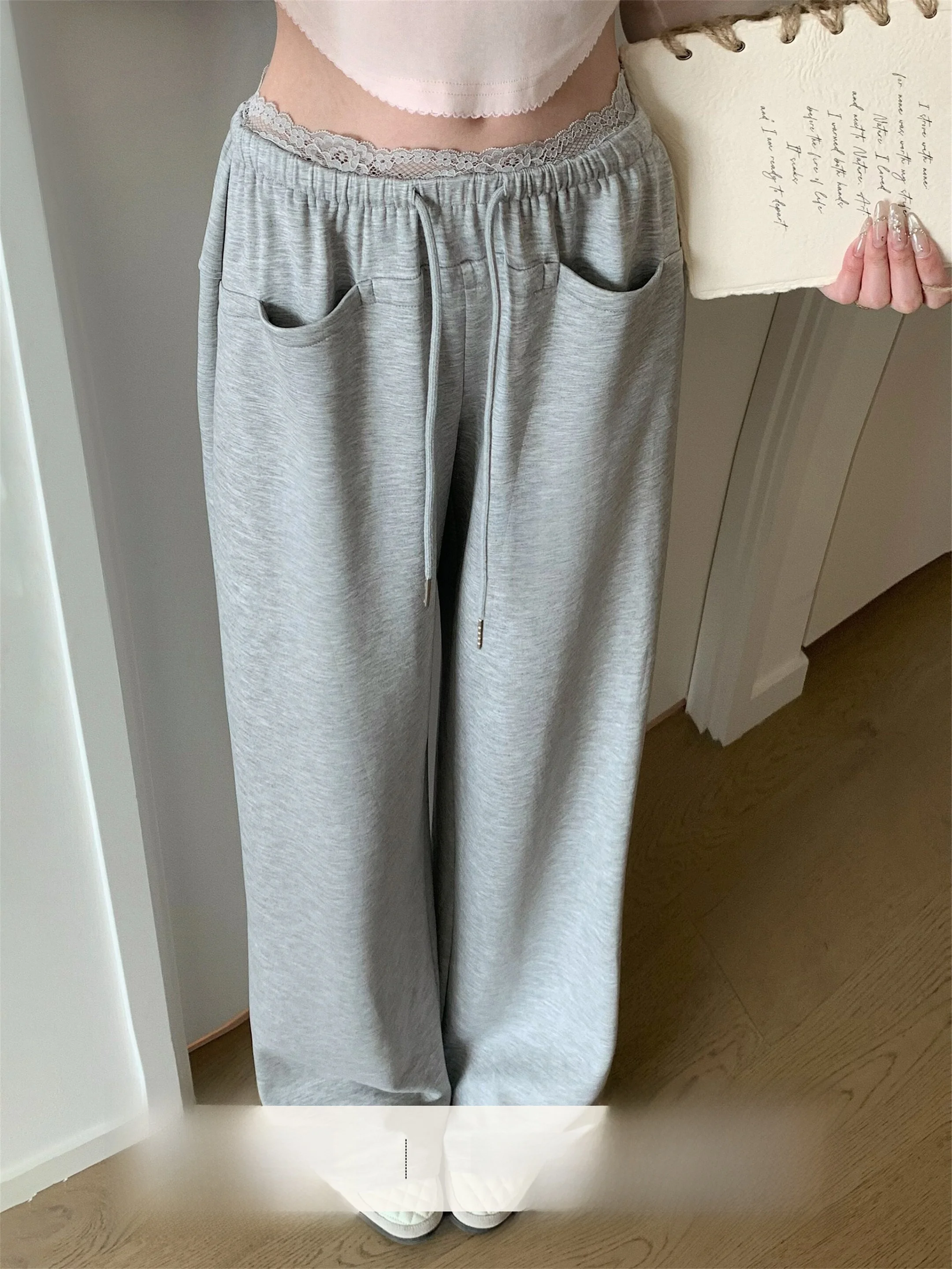 

JMSHOP Casual Lace Trim Wide Leg Pants Women's Long Sleeve T-Shirt Spring Summer Loose Fit Fashion Set Polyester Blend