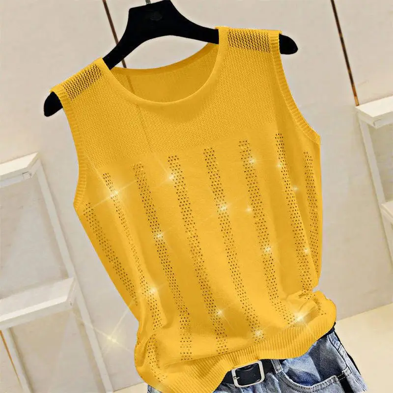 

Summer Women Clothing Diamonds Tank Top Fashion Casual Round Neck Female Sleeveless Loose Thin Yellow Black White Knitted Vest