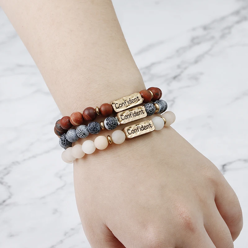 3 Colors Letter Confident Beaded Bracelets Nature Stone Inspire Bangle Lucky Beads vintage yoga elasticity flexible