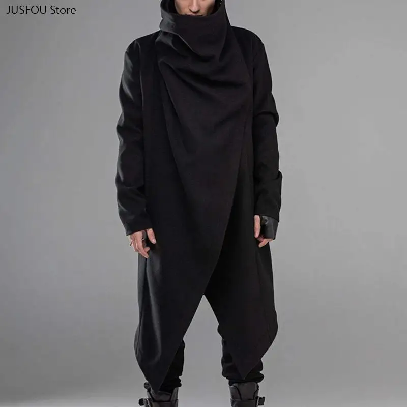 2026 New Men Solid Color Hooded Cape Coat Punk Irregular Long Trench Coat High Neck Long Sleeve Streetwear Outfit