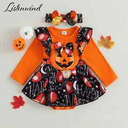 Halloween 0-2Y Newborn Girl Outfit Long Sleeve Crew Neck Pumpkin Letters Print Patchwork Romper Dress with Headband