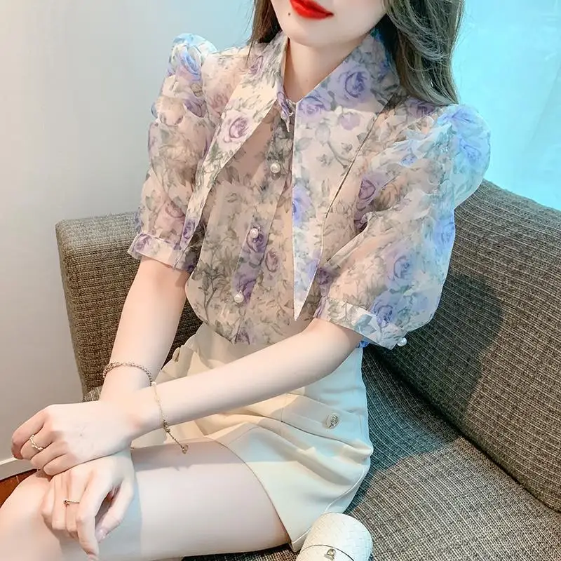 Summer Temperament Floral Blouse Femme Fashion Buttons Turn-down Collar Short Sleeve Perspective Women\'s Shirt Trend Top Tee