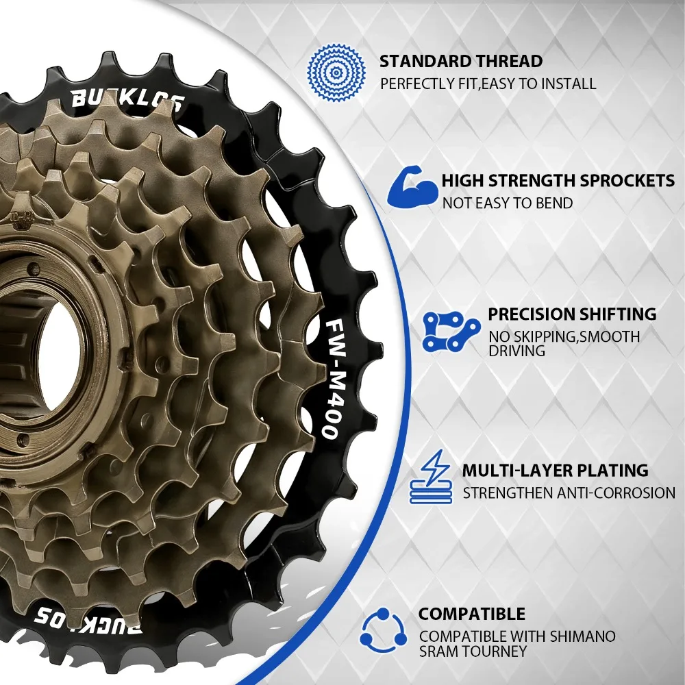 BUCKLOS Bike Sprocket 5/6/7/8/9/10 Speed Thread Freewheel 14-28T 13-28/32T 11-32/36T Cog Compatible
