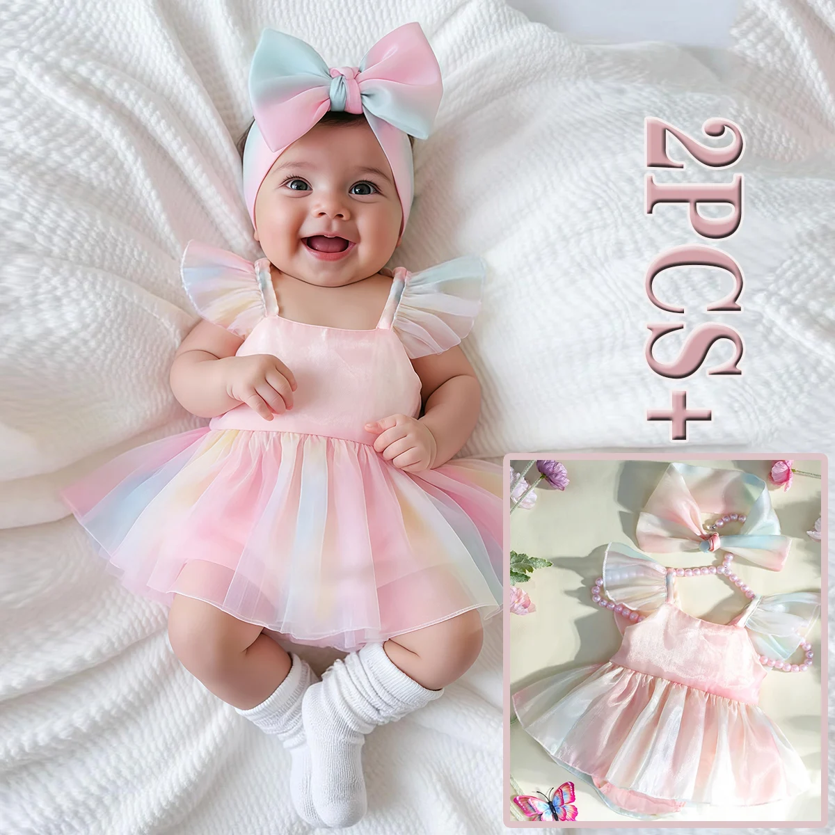 2PCS Adorable Rainbow Baby Girl Soft Comfy Dress Set Sweet Dreamy Gift Outfit for Your Little Princess for Baby Photoshoots