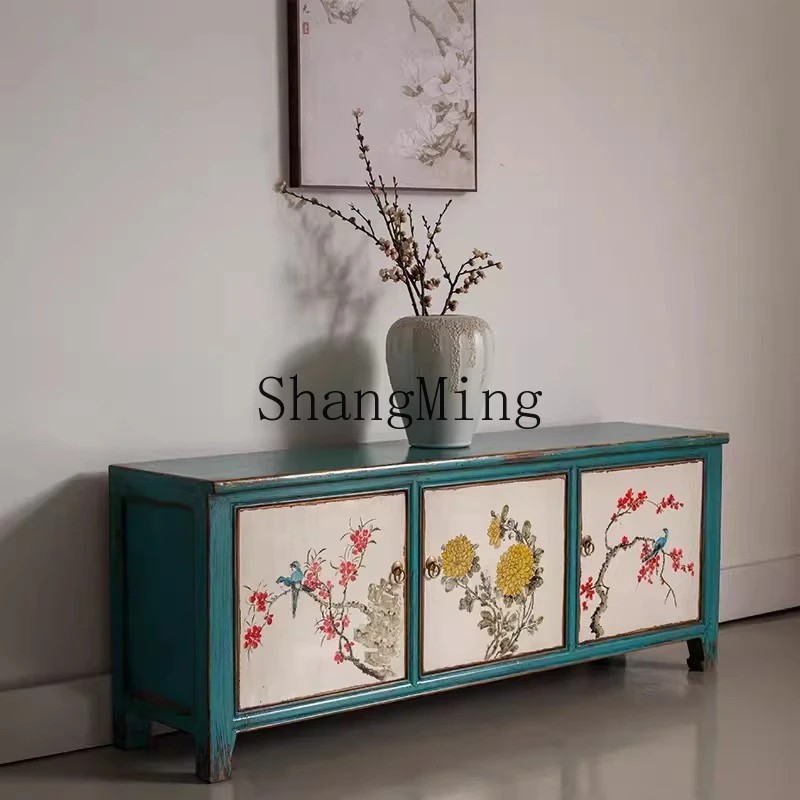 SM new Chinese style quaint paint old furniture simple coffee table TV cabinet hand painted pastoral style