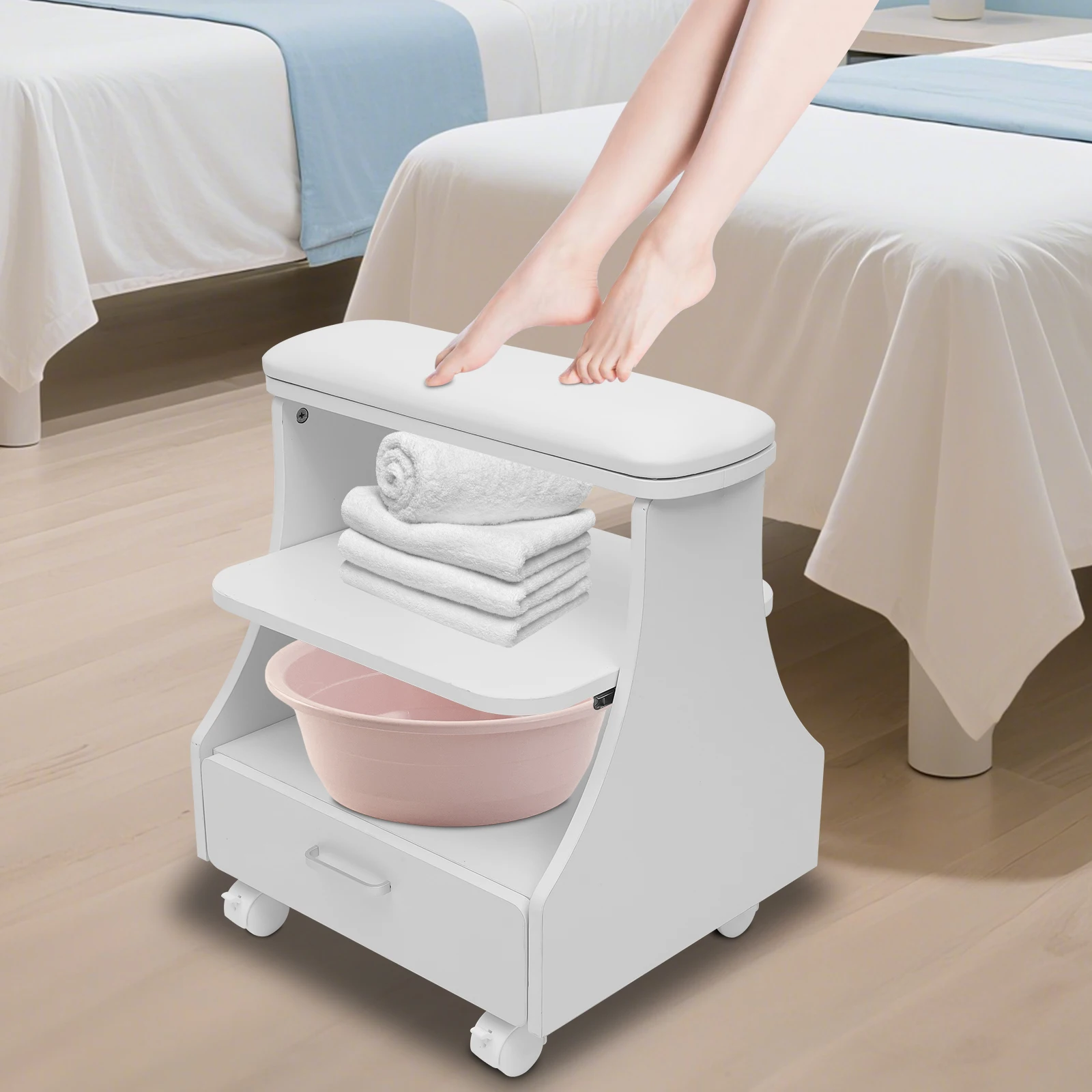 Reposapiés de 3 niveles, taburete para manicura, carrito para pedicura, carrito para baño de pies con 4 ruedas para tiendas de salón de belleza, 50kg, blanco/negro/rosa