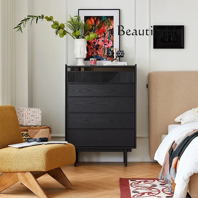 vV Minimalist medieval dining side cabinet chest black solid wood striped drawer storage corner cabinet bedroom