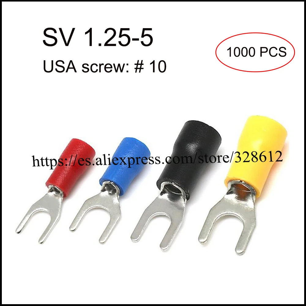 1000PCS SV1.25-5 insulated spade terminal 19A cable size 0.5-1.5mm2 AWG22~16 copper pin