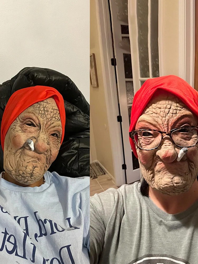 Smoking Old Nana Granny Latex Mask Cosplay Funny Grandma Red Scarf Masks Halloween Carnival Dress Up Purim Party Costume Props