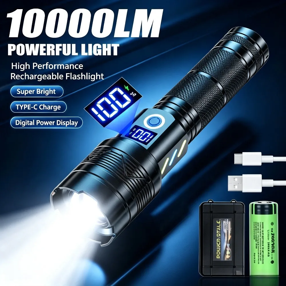 10000LM Telescopic Zoom LED Flashlight Handheld Torch with Digital Power Display for Outdoor Camping Maintenance Patrol