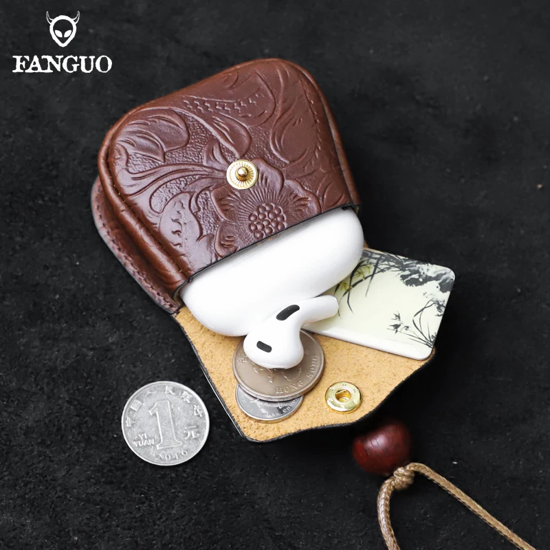 Retro Cowhide Case For AirPods 1/2/3/4 With Lanyard Small Storage Bag Genuine Leather Mini Coin Pouch