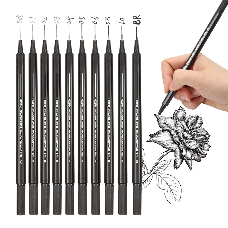 10Pcs/set Waterproof Ink Black Micron Neelde Drawing Pen Pigment Fine Line Sketch Markers Pen For Hand-Paint anime Art Supplies