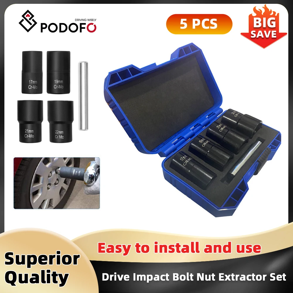 Podofo 5pcs Locking Wheel Lug Nut Remover Kit 1/2'' Drive Impact Bolt Nut Extractor Set Twist Socket Tool Set 17mm 19mm 21mm 22m