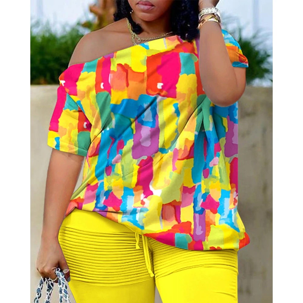 Women Melting Colors All Over Print Skew Neck Top & Drawstring Ruched Shorts Set Female Casual Two Piece Sets For Woman Clothes