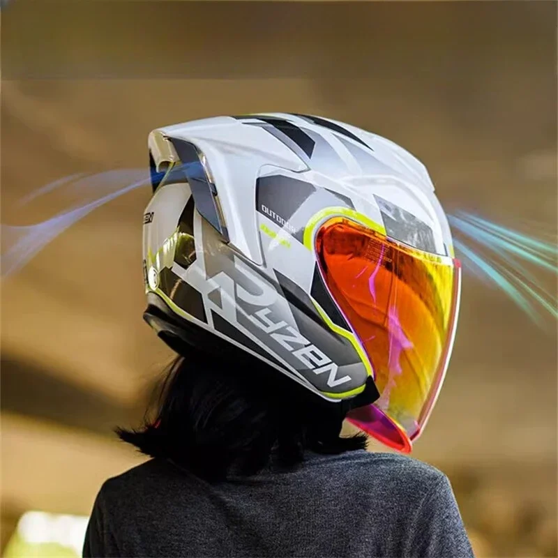 RYZEN Motorcycle Helmet 3/4 Helmet Double Lens Spring and Summer Male and Female Locomotive with Bluetooth Headphone Slot