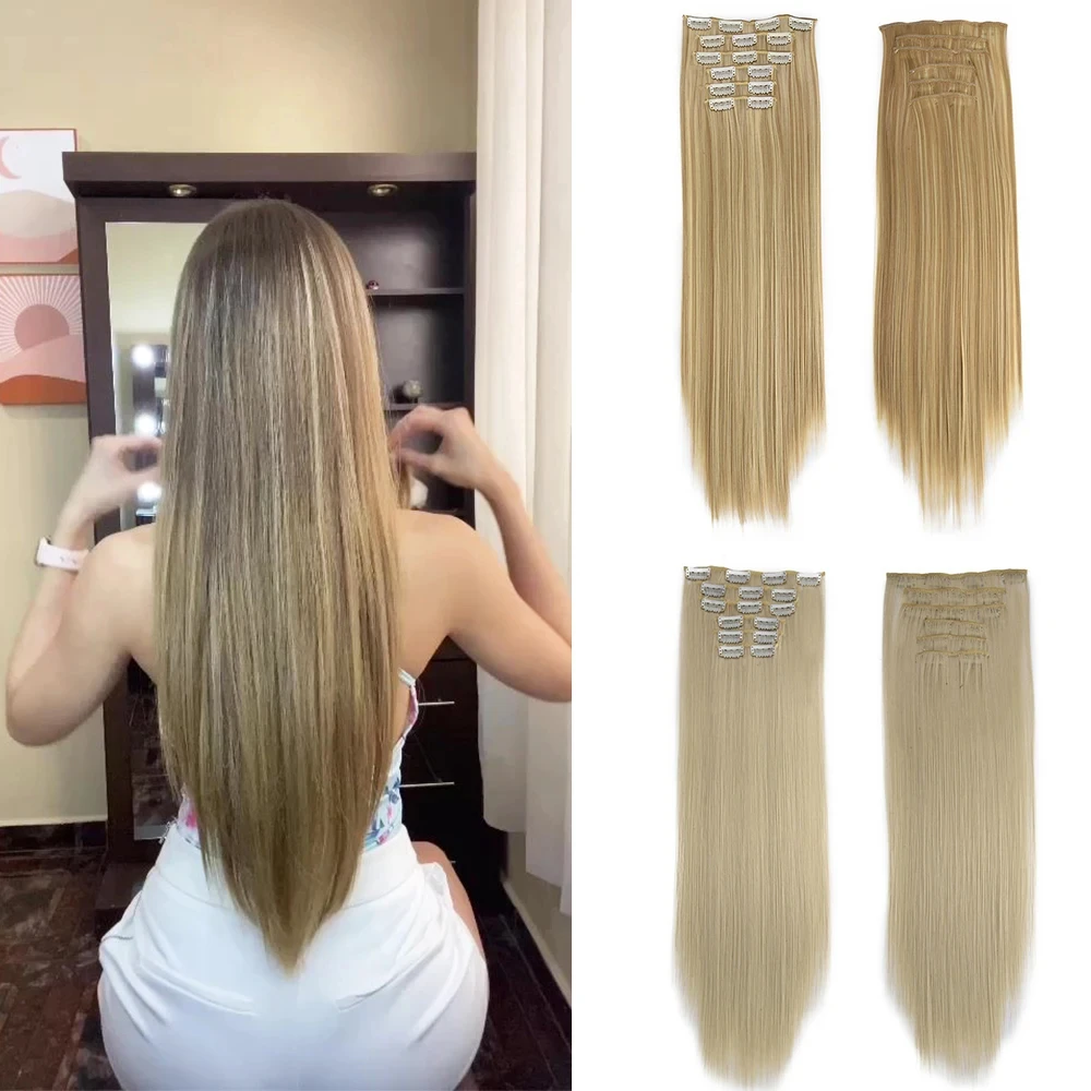 Clip in Hair Extensions No Tangling No Shedding 24Inch 6pcs Invisible Natural Straight Seamless Clip on Hair Extension for Women