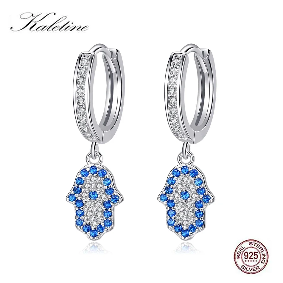 Kaletine Orecchini pendenti a mano Hamsa in argento sterling 925 per le donne Orecchini turchi fortunati con occhio blu Gioielli di moda con zirconi