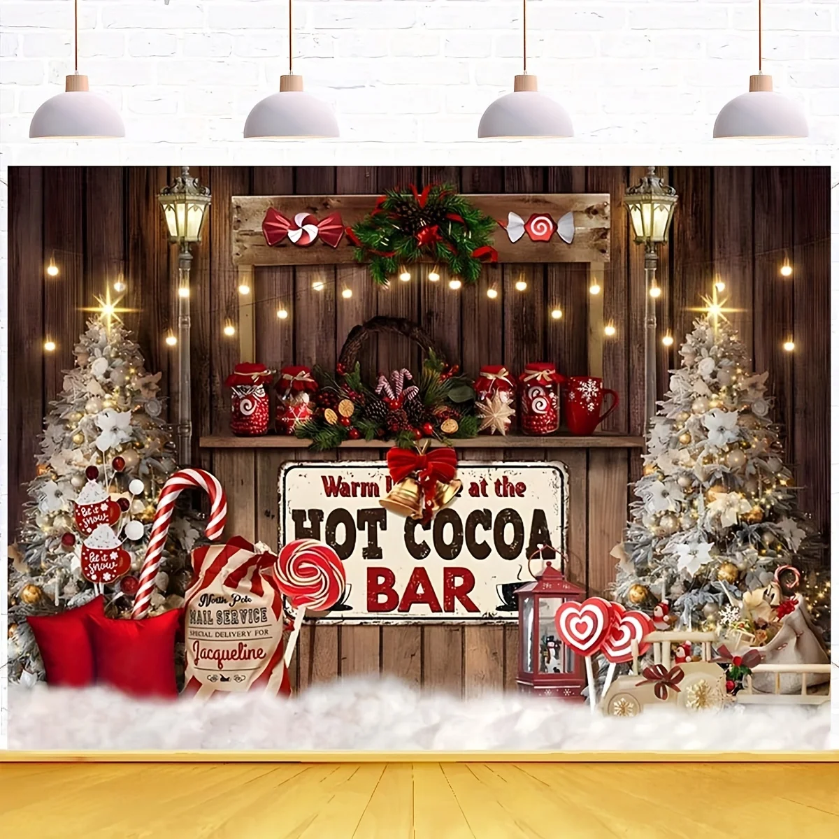 Sfondo natalizio per bar al cacao caldo - Sfondo fotografico per feste di festival con bastoncino di zucchero, alberi di pino e decorazioni festive