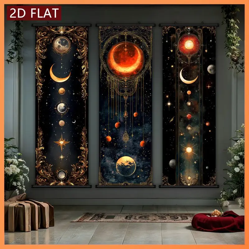 VIKAMA Mystic Celestial Wall Hanging Moon Planet Scroll Art For Bedroom Study Vintage Gold Background Home Decor