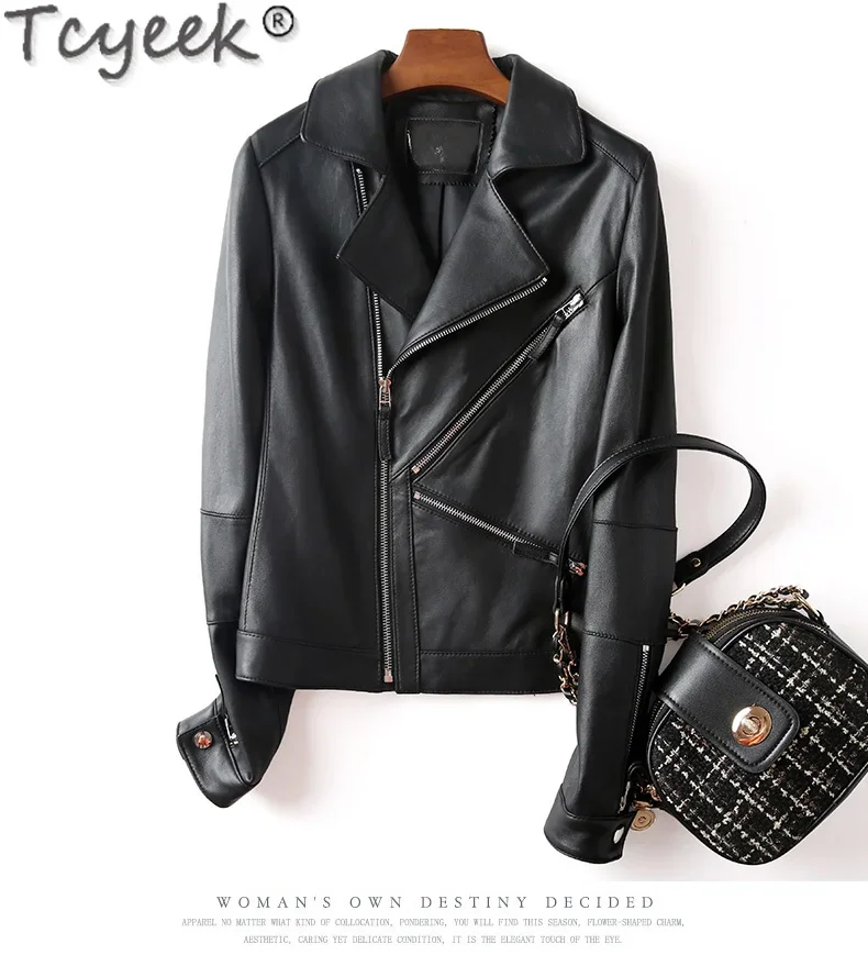 Tcyeek Real Leather Jacket Women Fashion Women's Motocycle Jackets Black Brown Sheepskin Coat for Women Clothing Spring Autumn