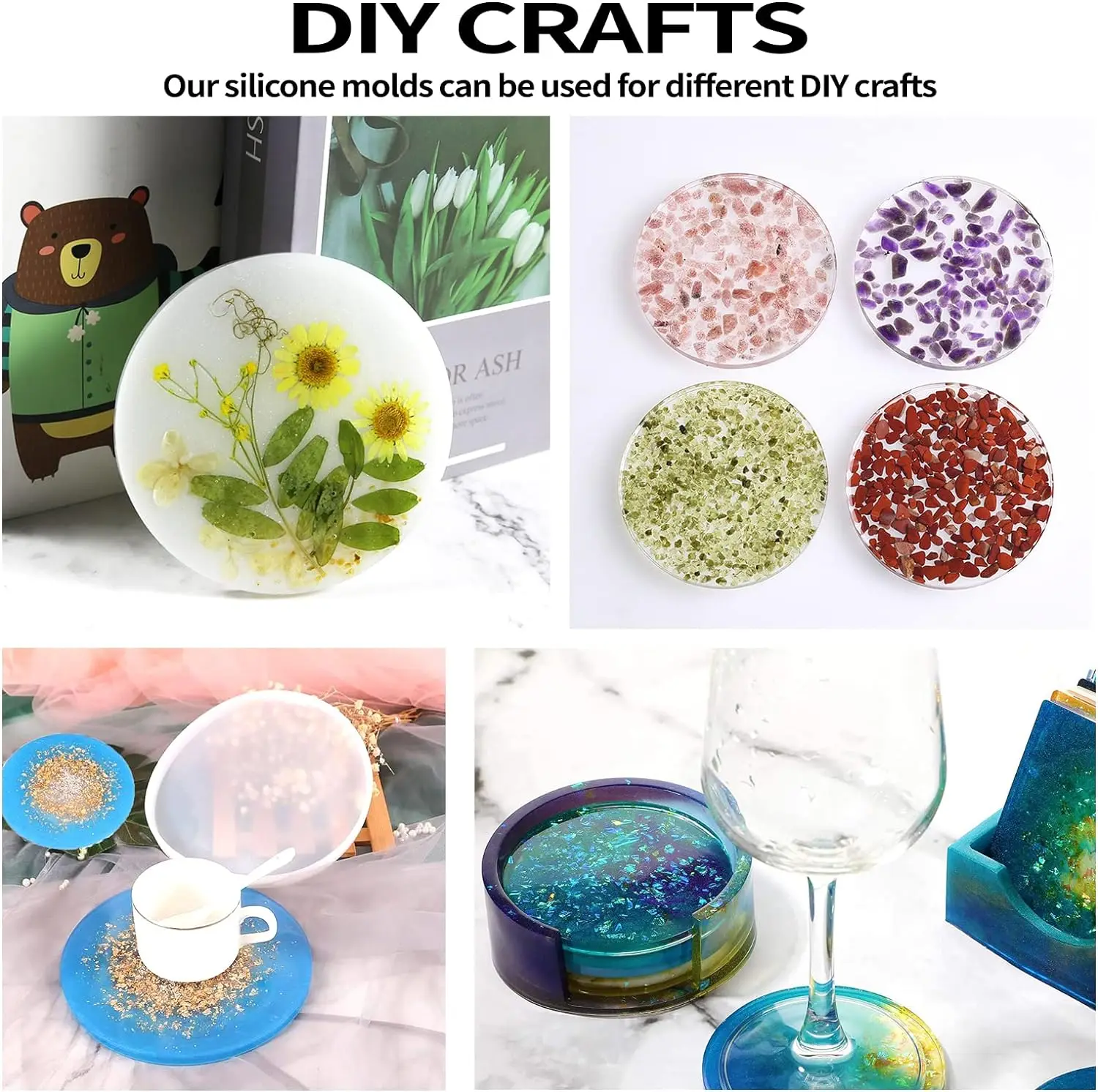 Set Of 5 Pieces DIY Circular Coaster Mold Crystal Epoxy Resin Mold Square Coaster Resin Silicone Mould Flower Cup Mat Mould